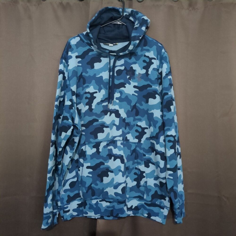 Under Armour Camo Hoodie Mens XL Blue Pockets Dawstring Long Sleeve Military